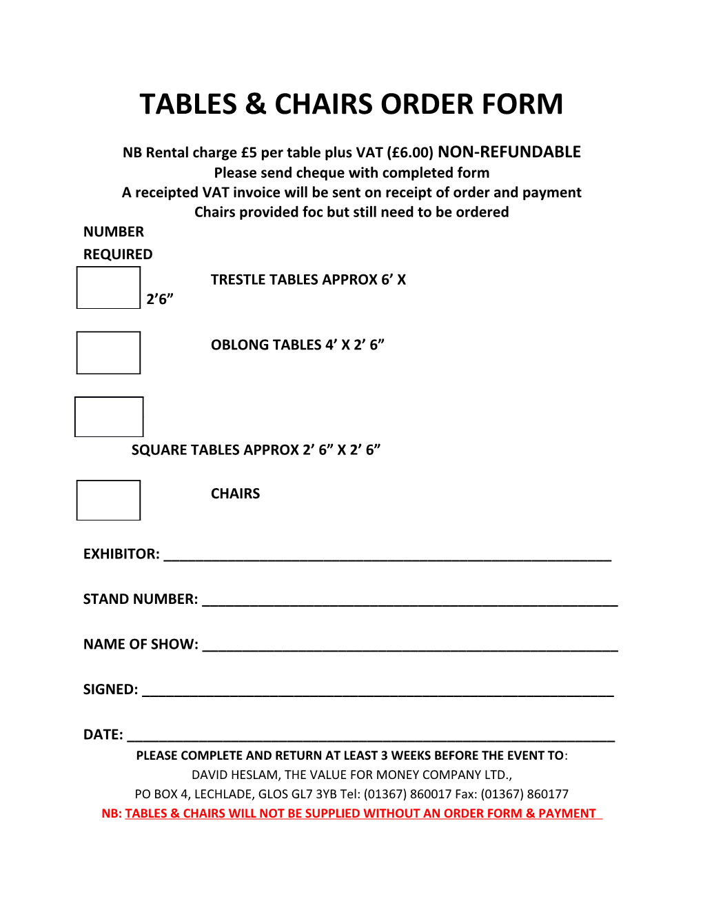 Tables & Chairs Order Form