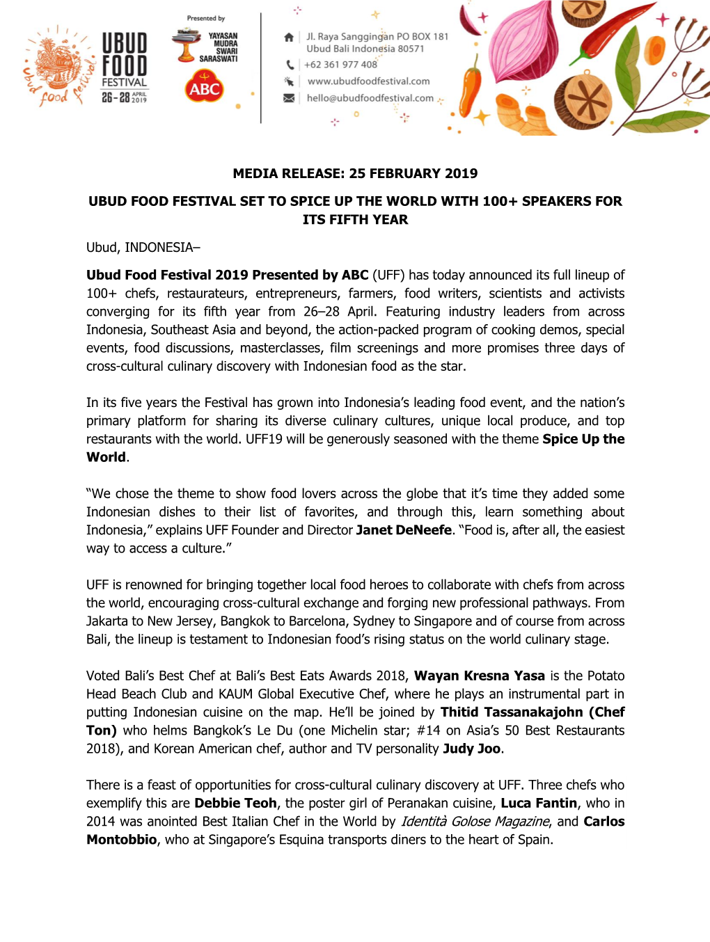 Media Release: 25 February 2019 Ubud Food Festival Set