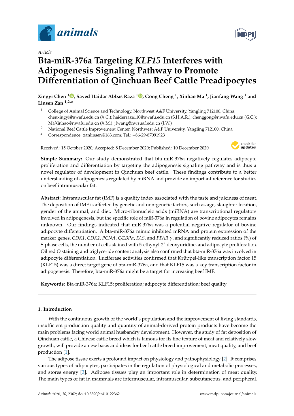 Bta-Mir-376A Targeting KLF15 Interferes with Adipogenesis Signaling Pathway to Promote Diﬀerentiation of Qinchuan Beef Cattle Preadipocytes