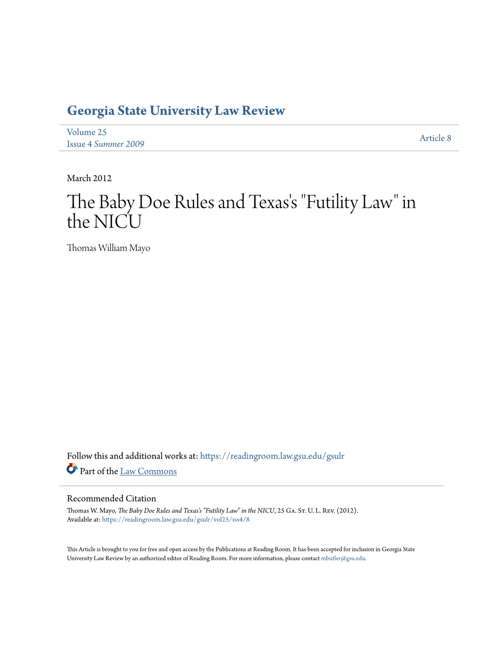 The Baby Doe Rules and Texas's "Futility Law" in the NICU, 25 Ga