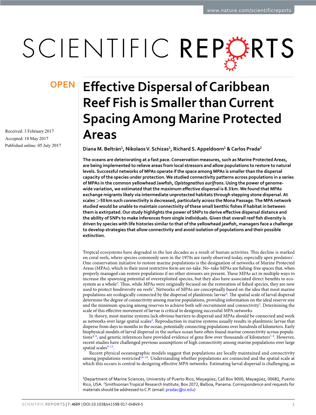 Effective Dispersal of Caribbean Reef Fish Is Smaller Than Current