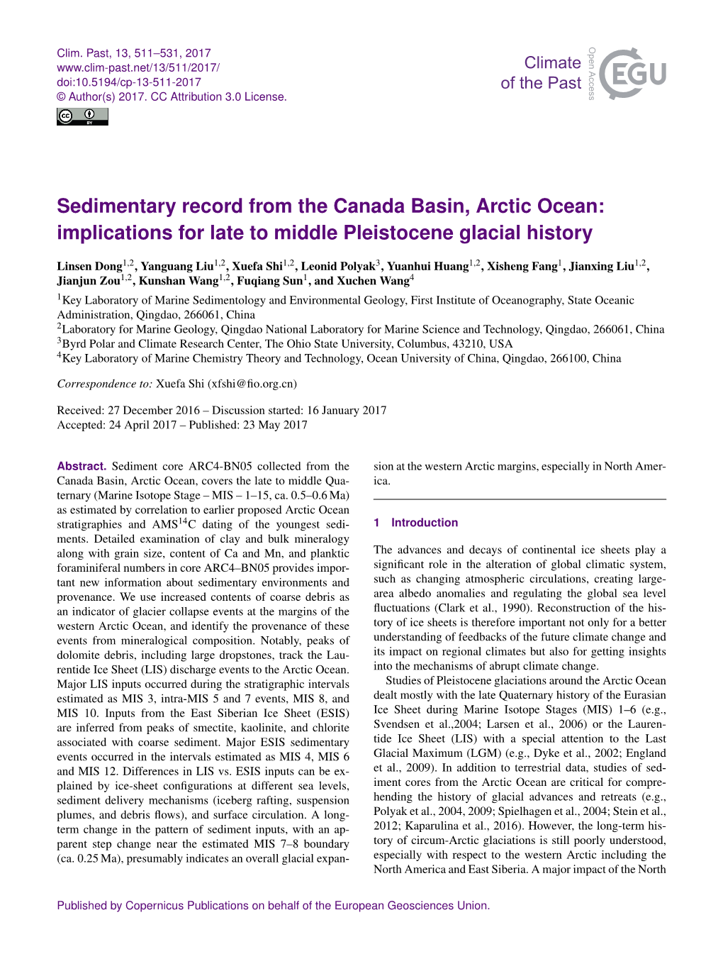 Sedimentary Record from the Canada Basin, Arctic Ocean: Implications for Late to Middle Pleistocene Glacial History