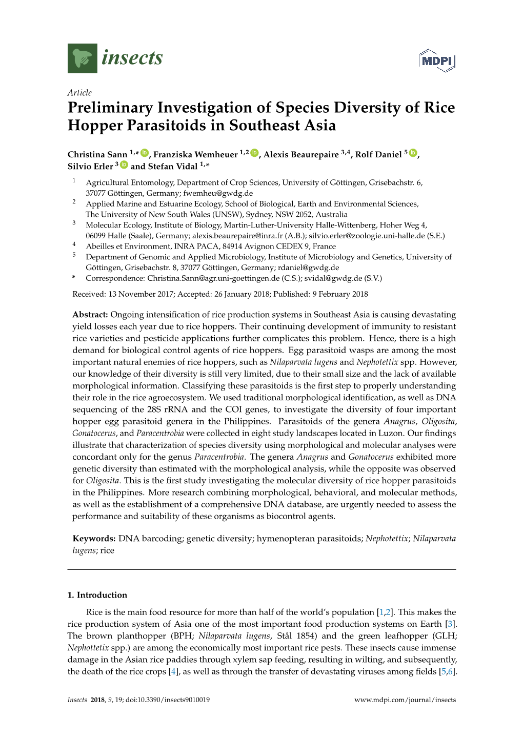 Preliminary Investigation of Species Diversity of Rice Hopper Parasitoids in Southeast Asia