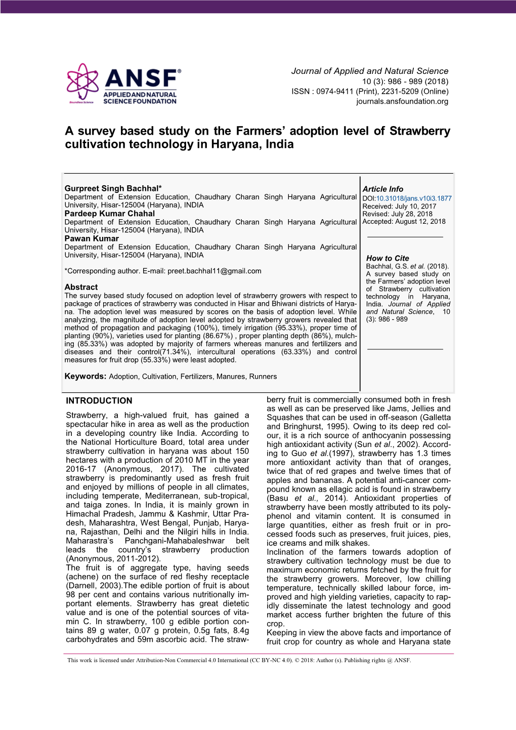 A Survey Based Study on the Farmers' Adoption Level of Strawberry Cultivation Technology in Haryana, India