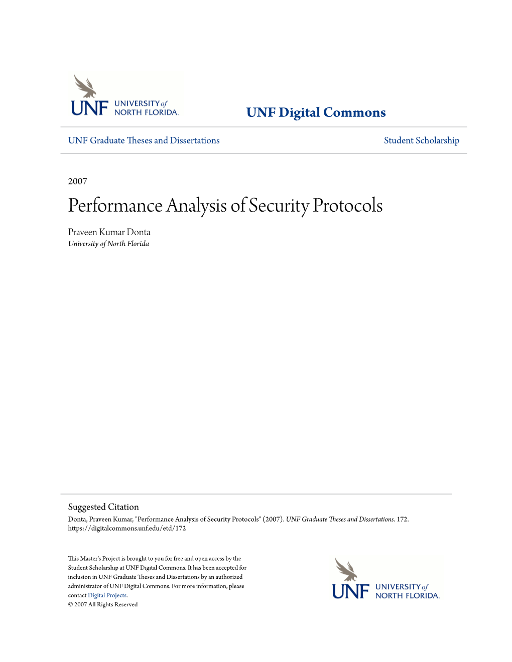 Performance Analysis of Security Protocols Praveen Kumar Donta University of North Florida