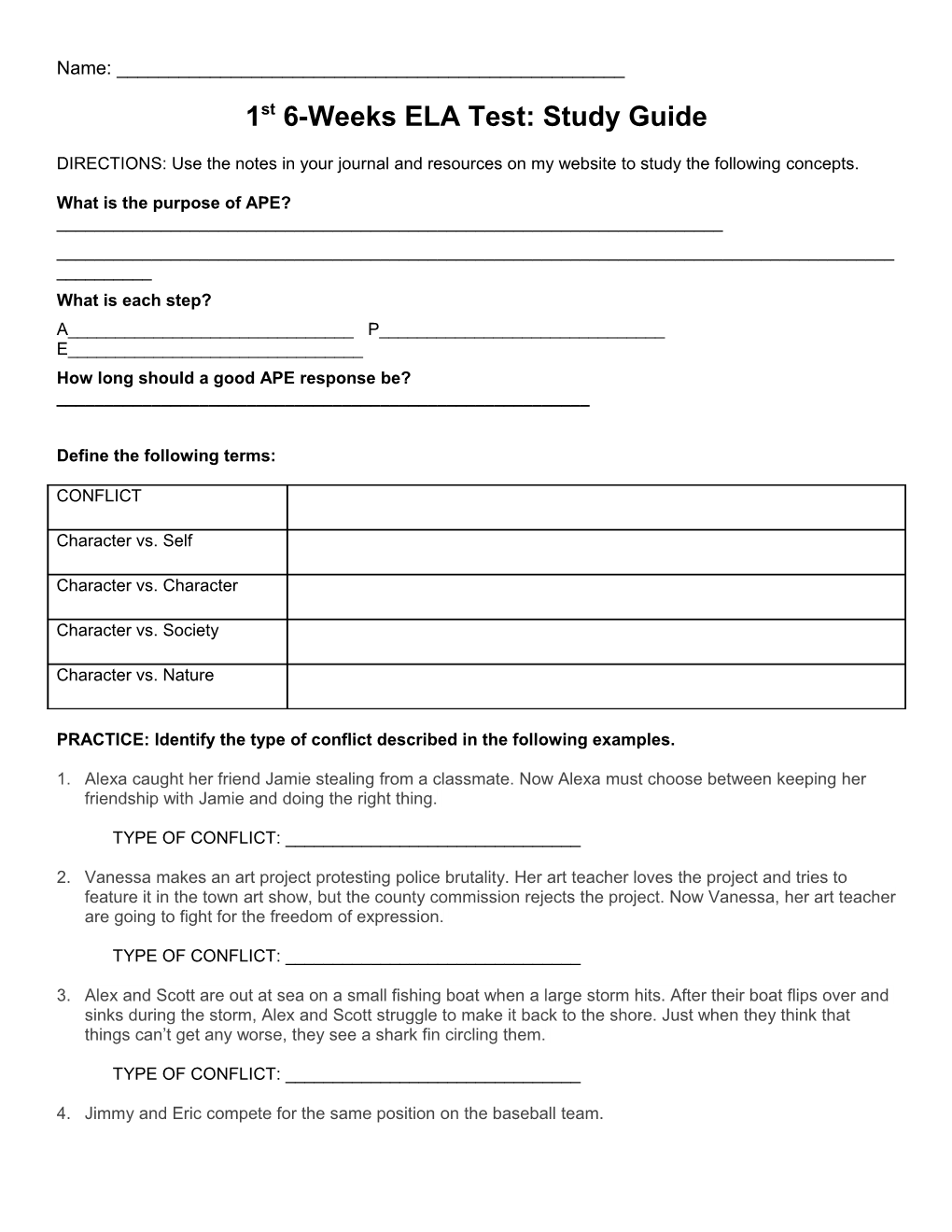 1St 6-Weeks ELA Test: Study Guide