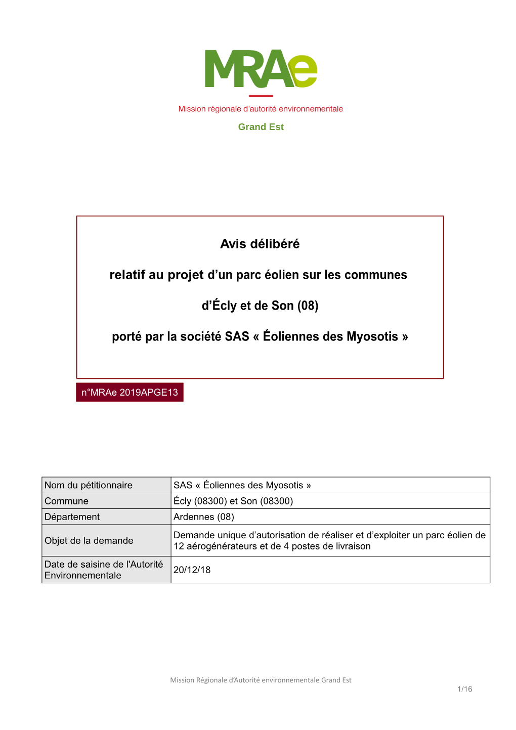 Avis Délibéré Relatif Au Projet D'un Parc Éolien Sur Les Communes D