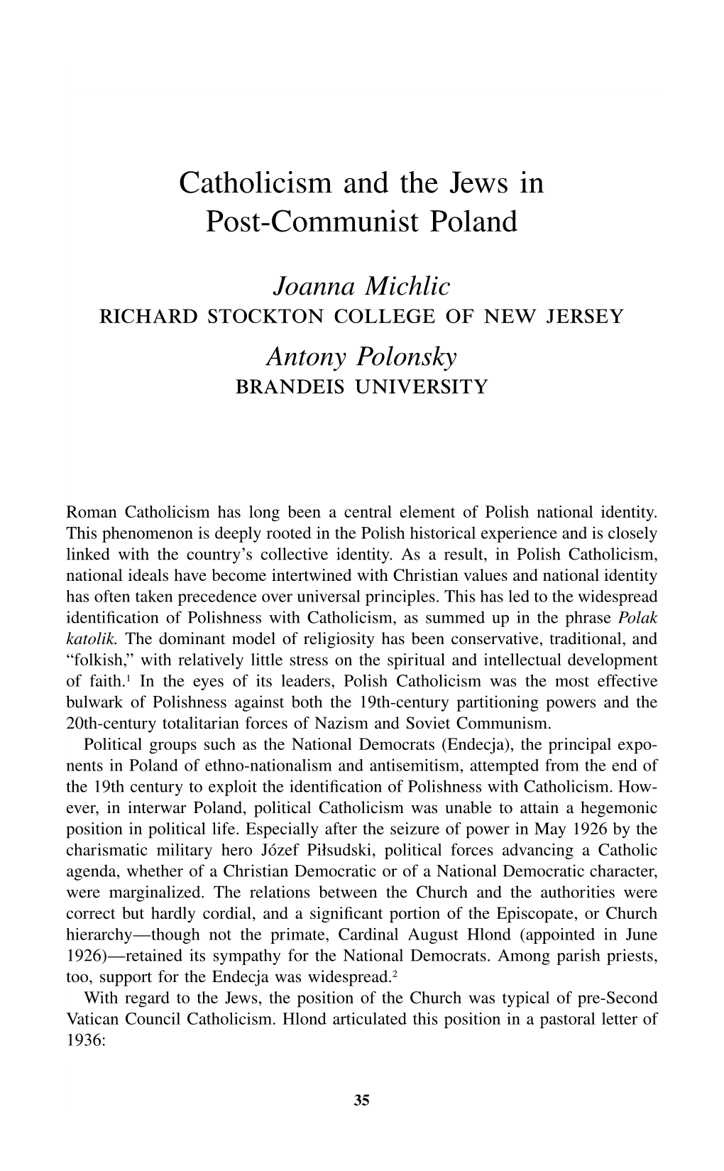Catholicism and the Jews in Post-Communist Poland