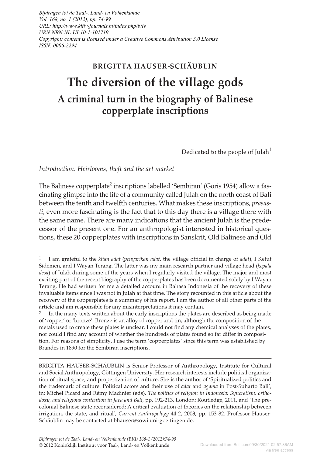 Downloaded from Brill.Com09/30/2021 02:57:36AM Via Free Access the Diversion of the Village Gods 75
