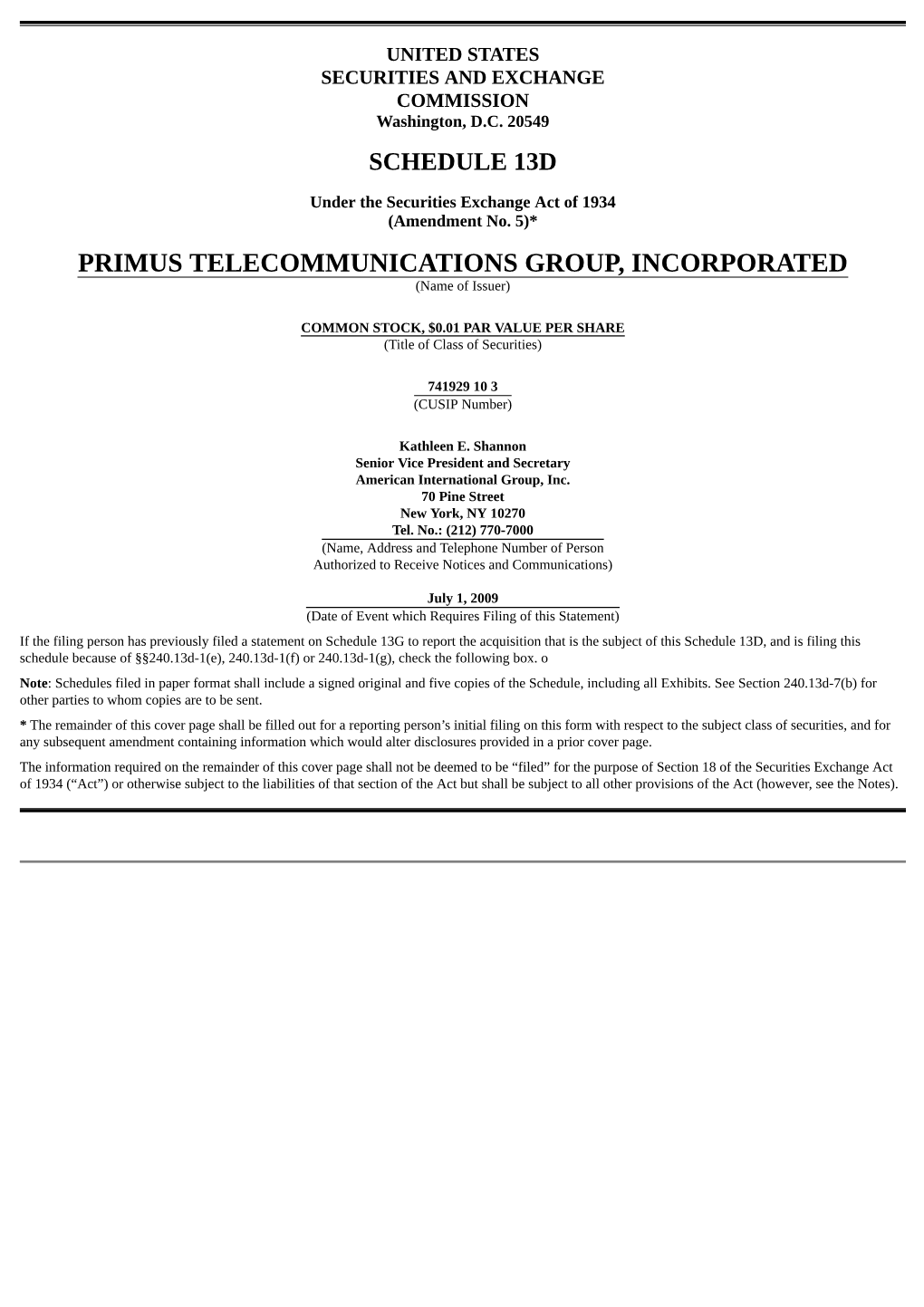 PRIMUS TELECOMMUNICATIONS GROUP, INCORPORATED (Name of Issuer)
