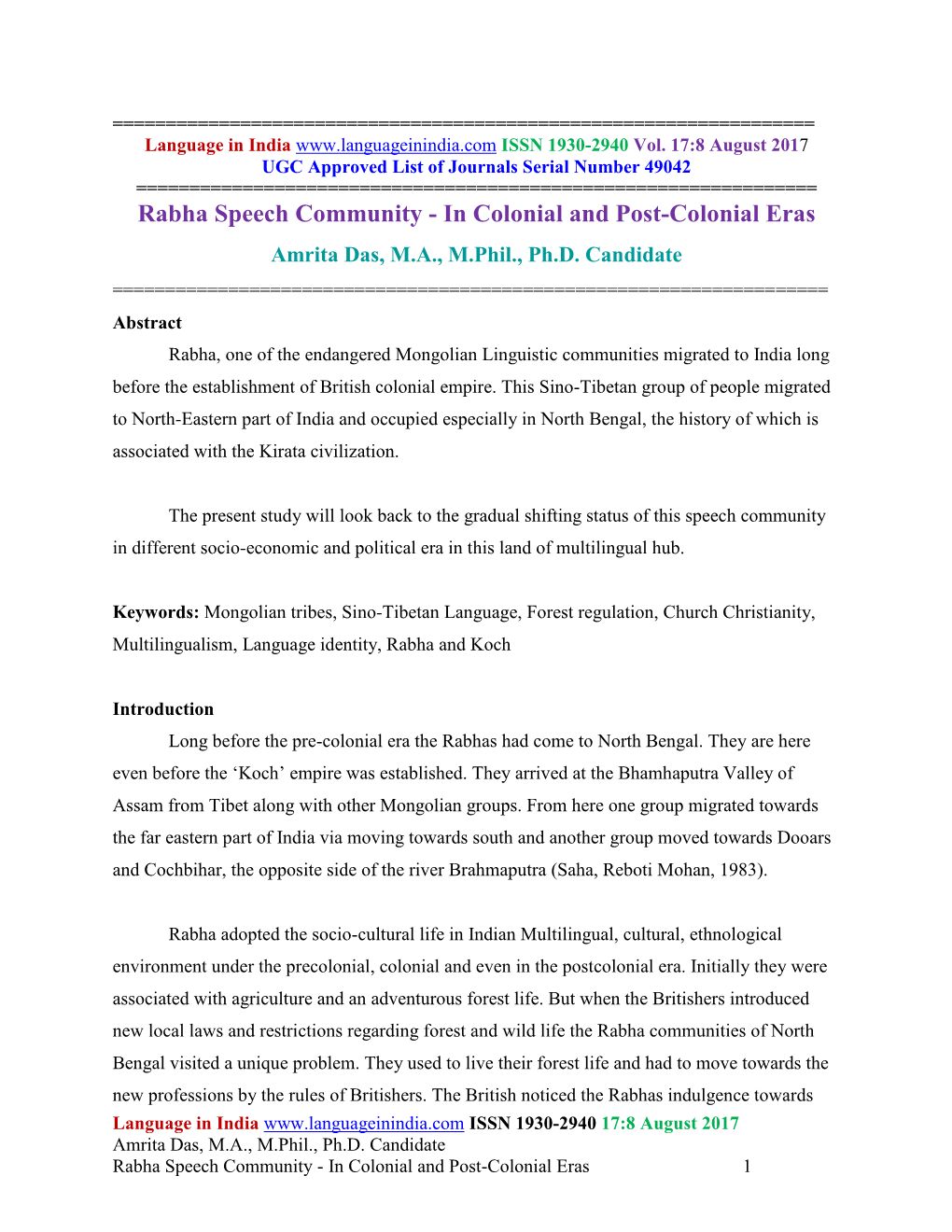 Rabha Speech Community - in Colonial and Post-Colonial Eras Amrita Das, M.A., M.Phil., Ph.D