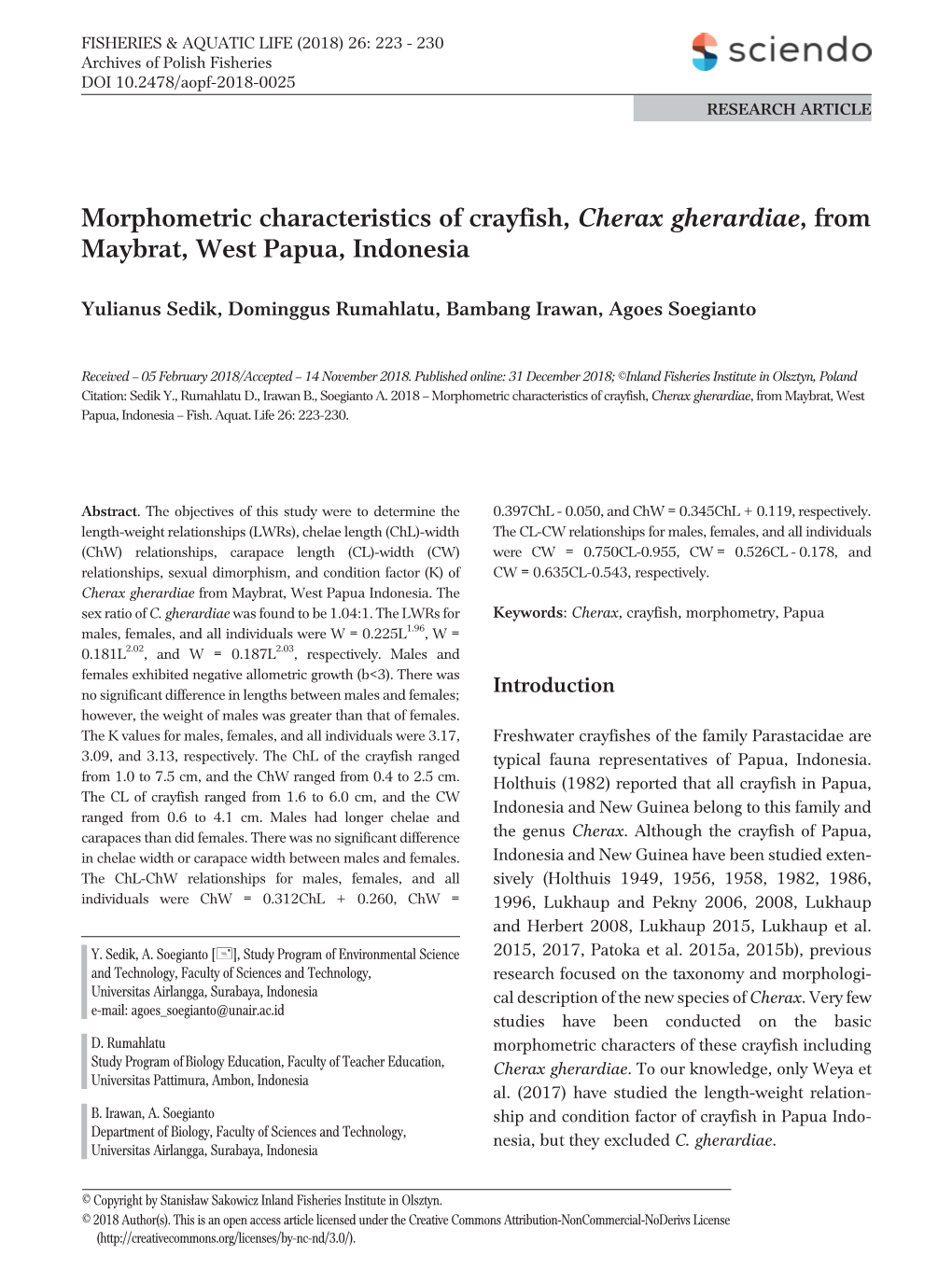 Morphometric Characteristics of Crayfish, Cherax Gherardiae, from Maybrat, West Papua, Indonesia