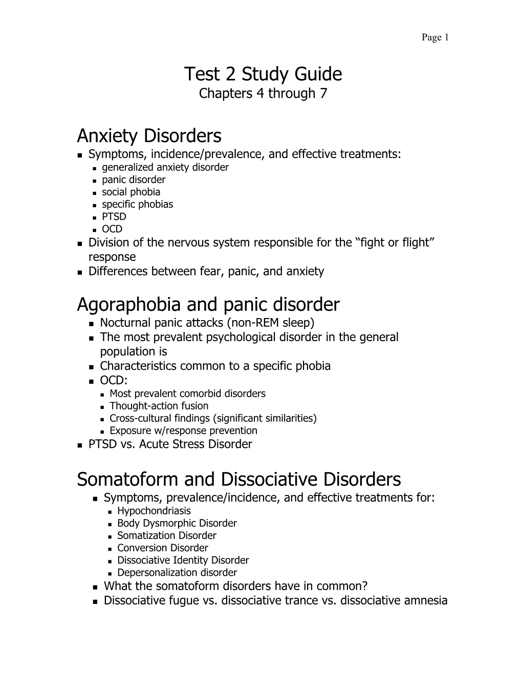 Test 2 Study Guide Anxiety Disorders Agoraphobia and Panic Disorder
