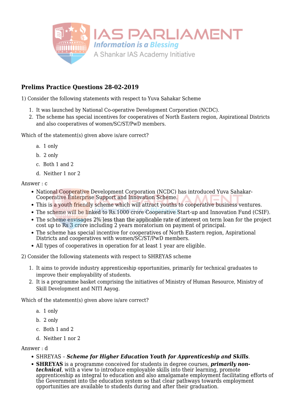 Prelims Practice Questions 28-02-2019