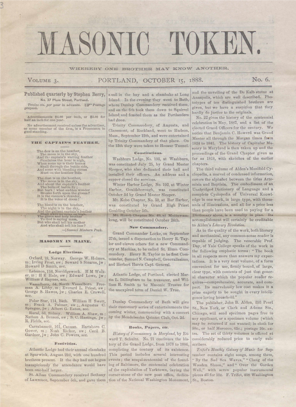 Masonic Token: October 15, 1888