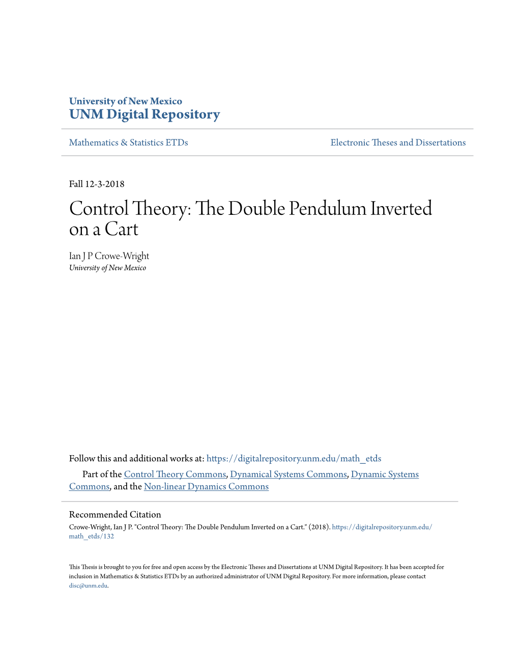 Control Theory: the Double Pendulum Inverted on a Cart