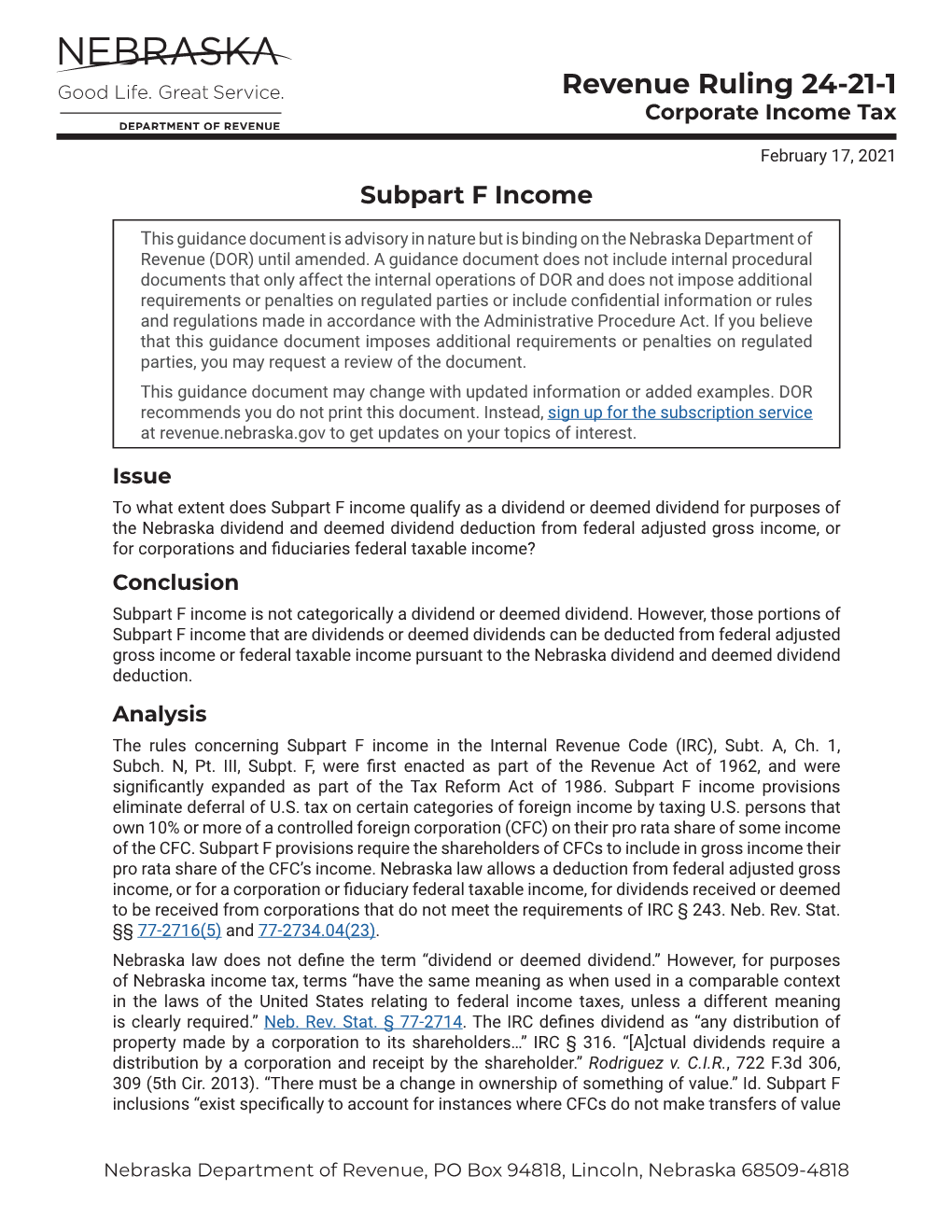 Revenue Ruling 24-21-1 Corporate Income Tax