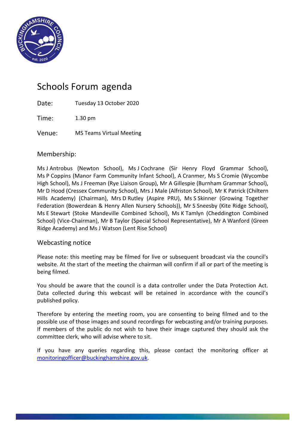 (Public Pack)Agenda Document for Schools Forum, 13/10/2020 13:30