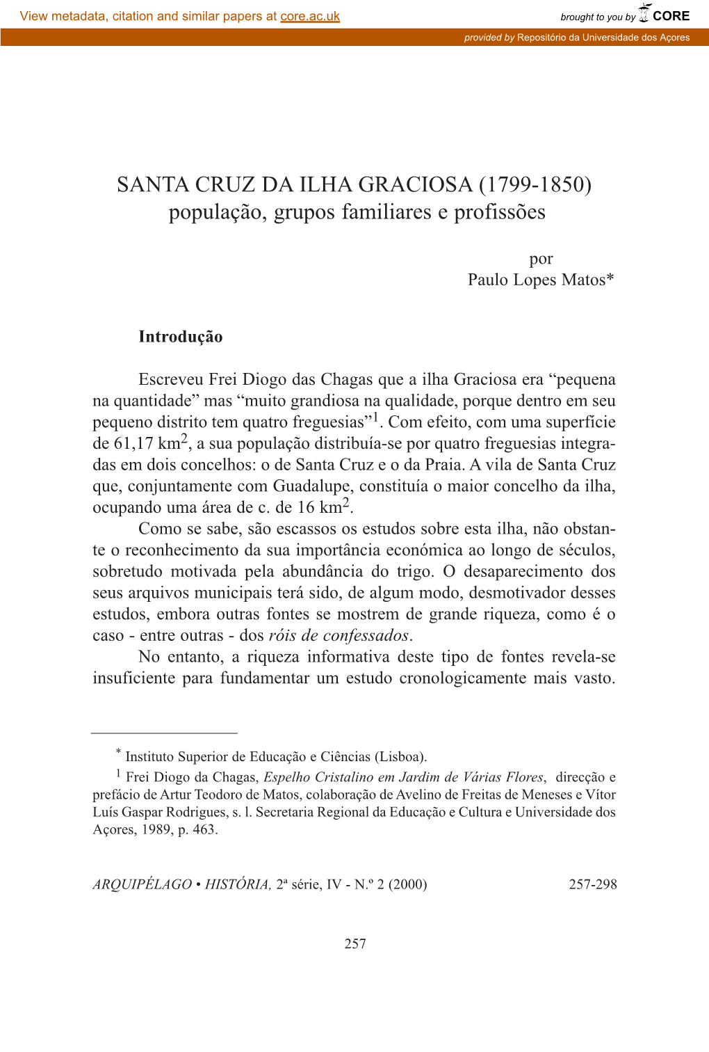 SANTA CRUZ DA ILHA GRACIOSA (1799-1850) População, Grupos Familiares E Profissões