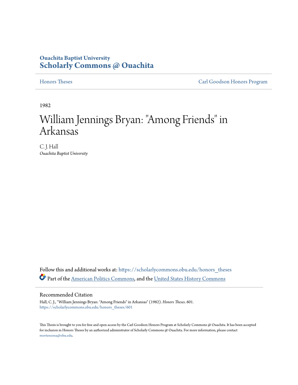 William Jennings Bryan: "Among Friends" in Arkansas C