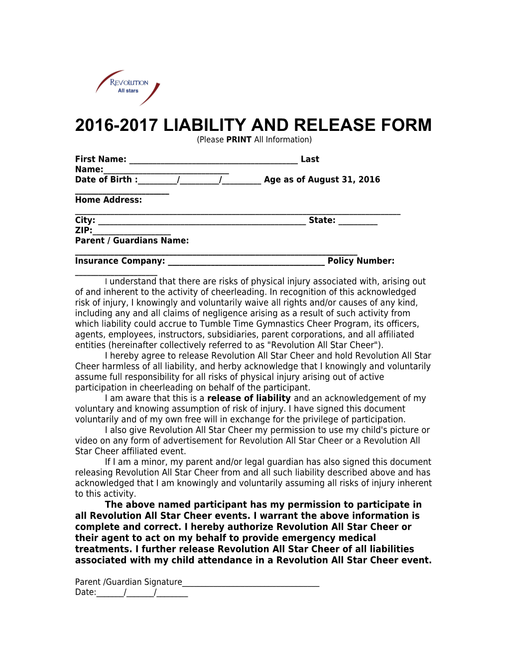 2016-2017 Liability and Release Form