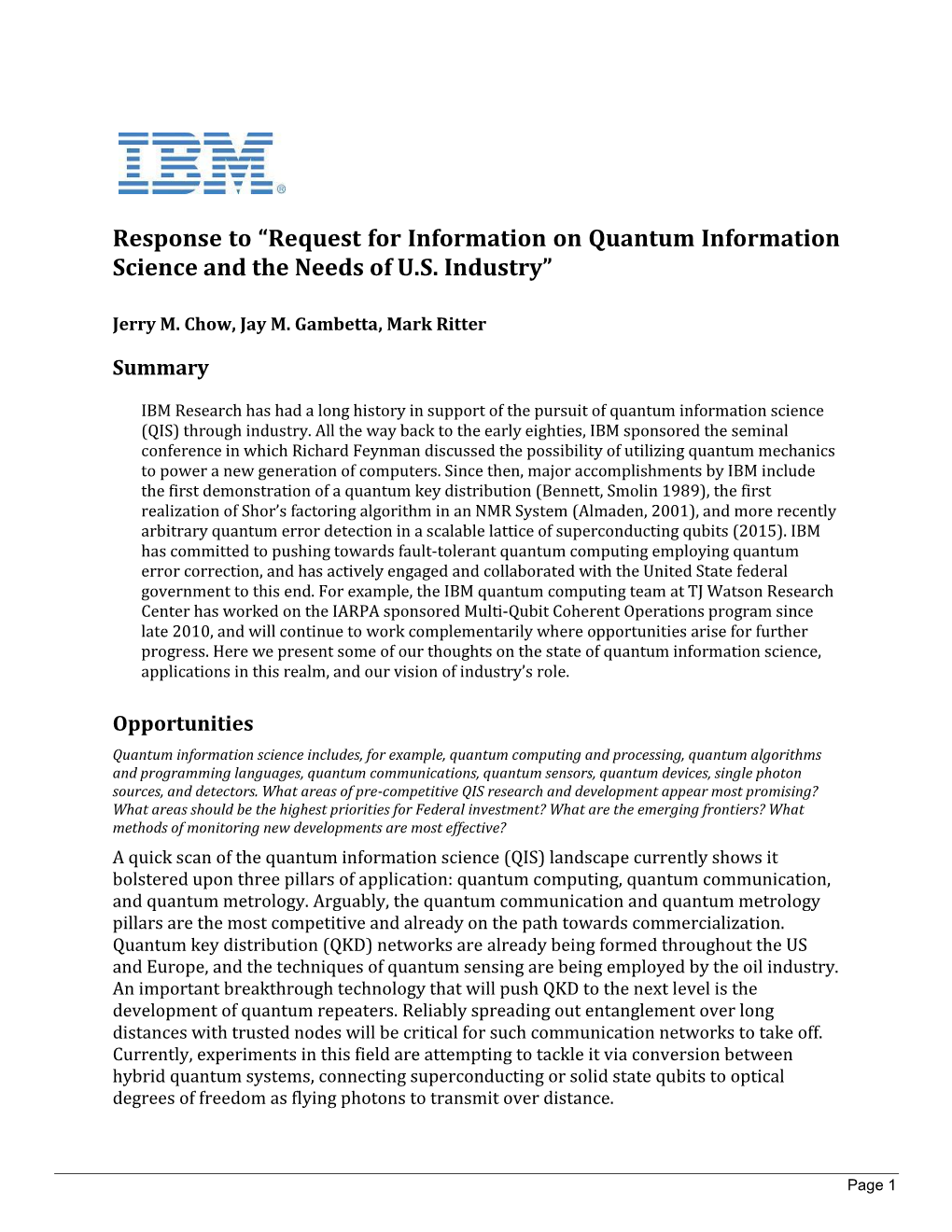 RFI Response on Quantum Information Science From