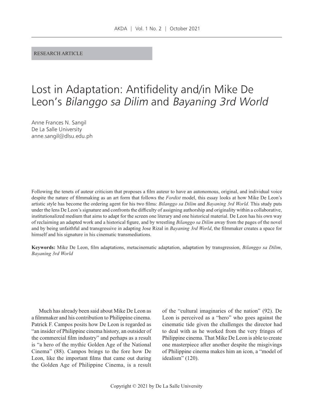 Antifidelity And/In Mike De Leon's Bilanggo Sa Dilim and Bayaning