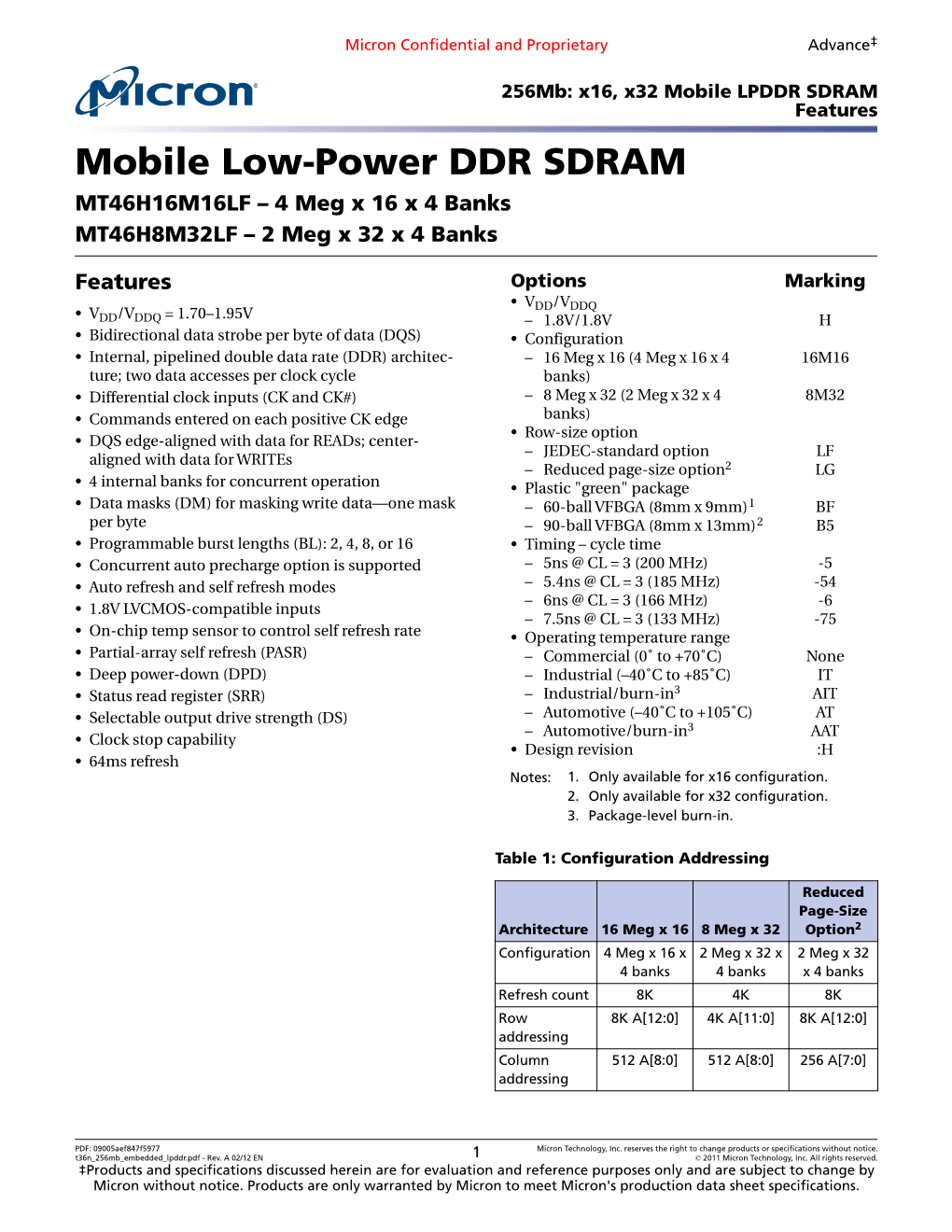 256Mb: X16, X32 Mobile LPDDR SDRAM Features Mobile Low-Power DDR SDRAM MT46H16M16LF – 4 Meg X 16 X 4 Banks MT46H8M32LF – 2 Meg X 32 X 4 Banks