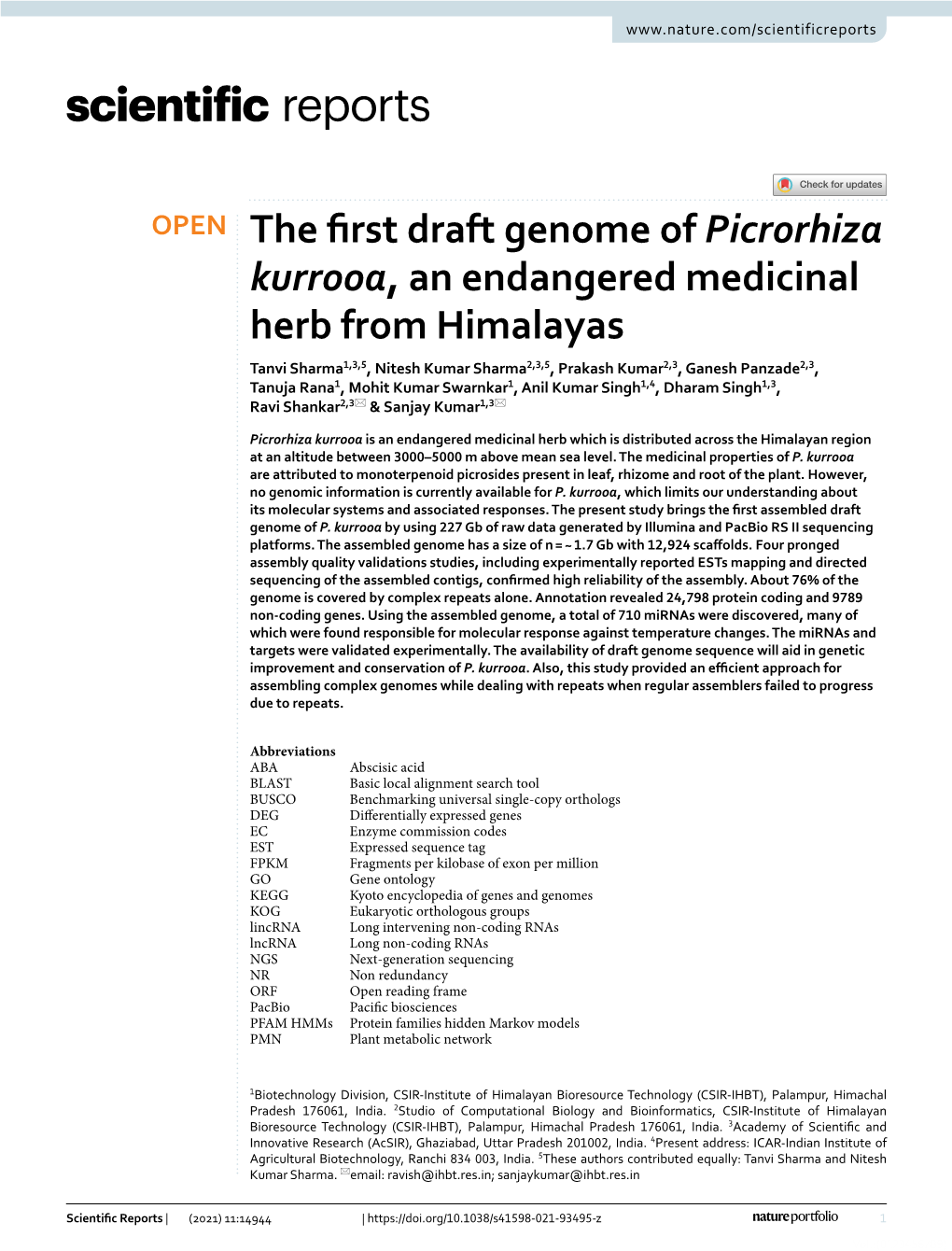 The First Draft Genome of Picrorhiza Kurrooa, an Endangered Medicinal