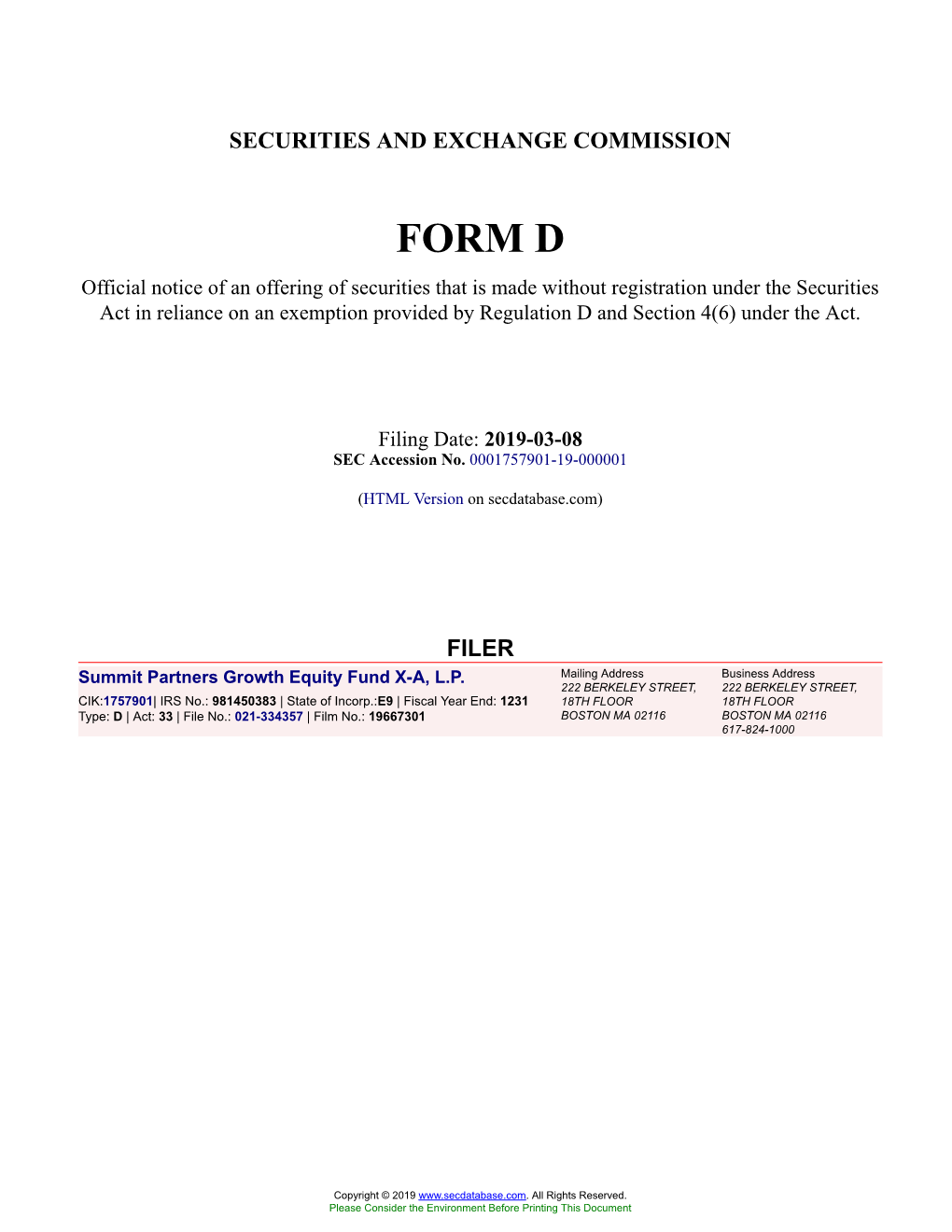 Summit Partners Growth Equity Fund X-A, L.P. Form D Filed 2019-03-08