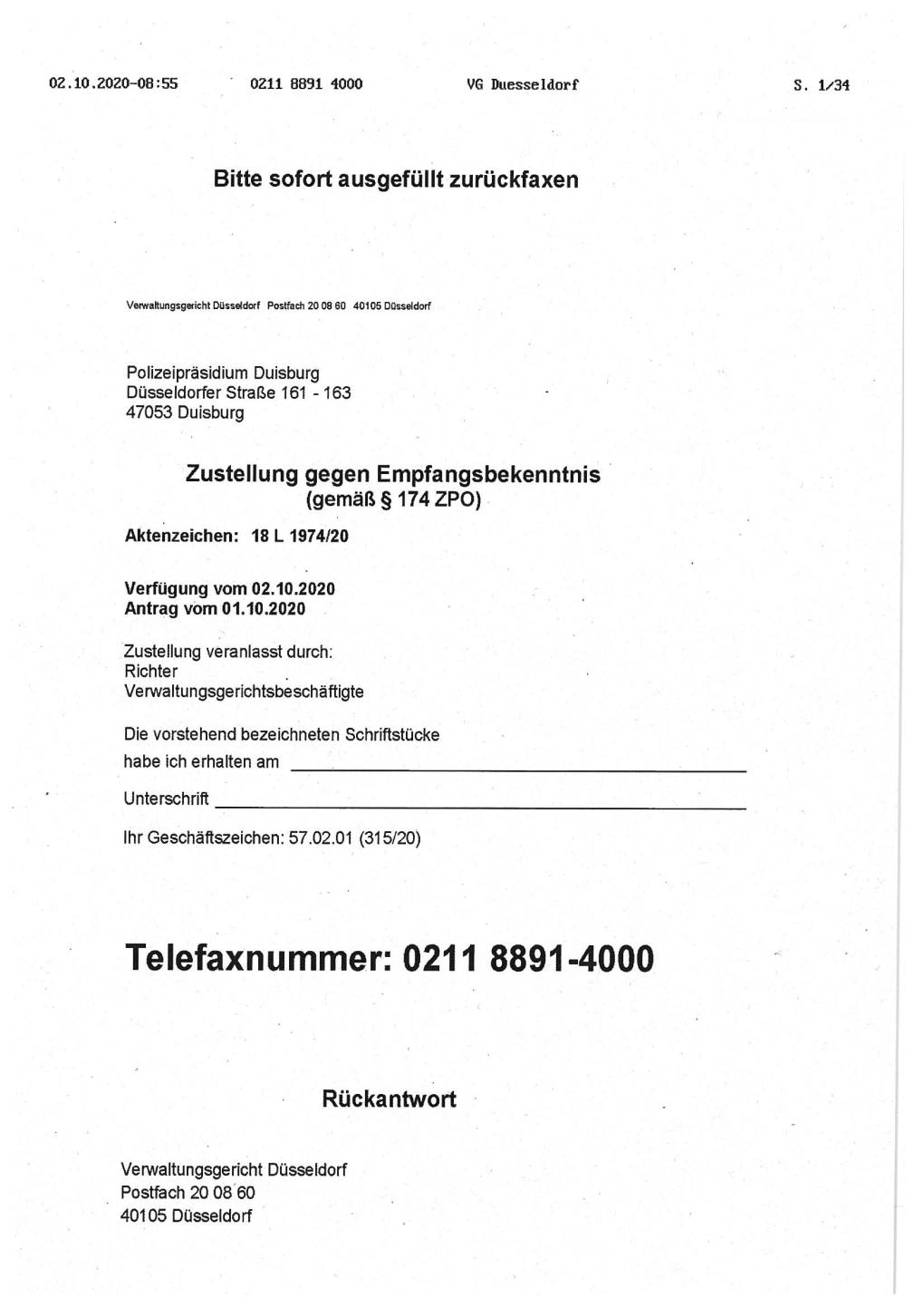 Telefaxnummer: 0211 8891-4000