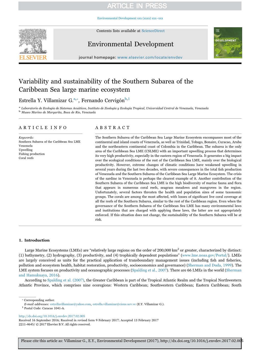 Variability and Sustainability of the Southern Subarea of the Caribbean Sea Large Marine Ecosystem ⁎ Estrella Y