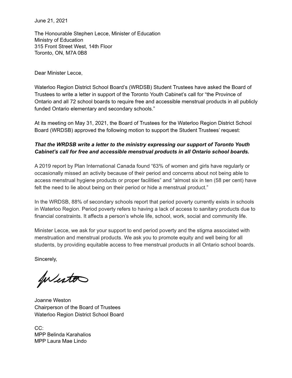 Letter to Minister of Education: Menstrual Equity (June 2021)