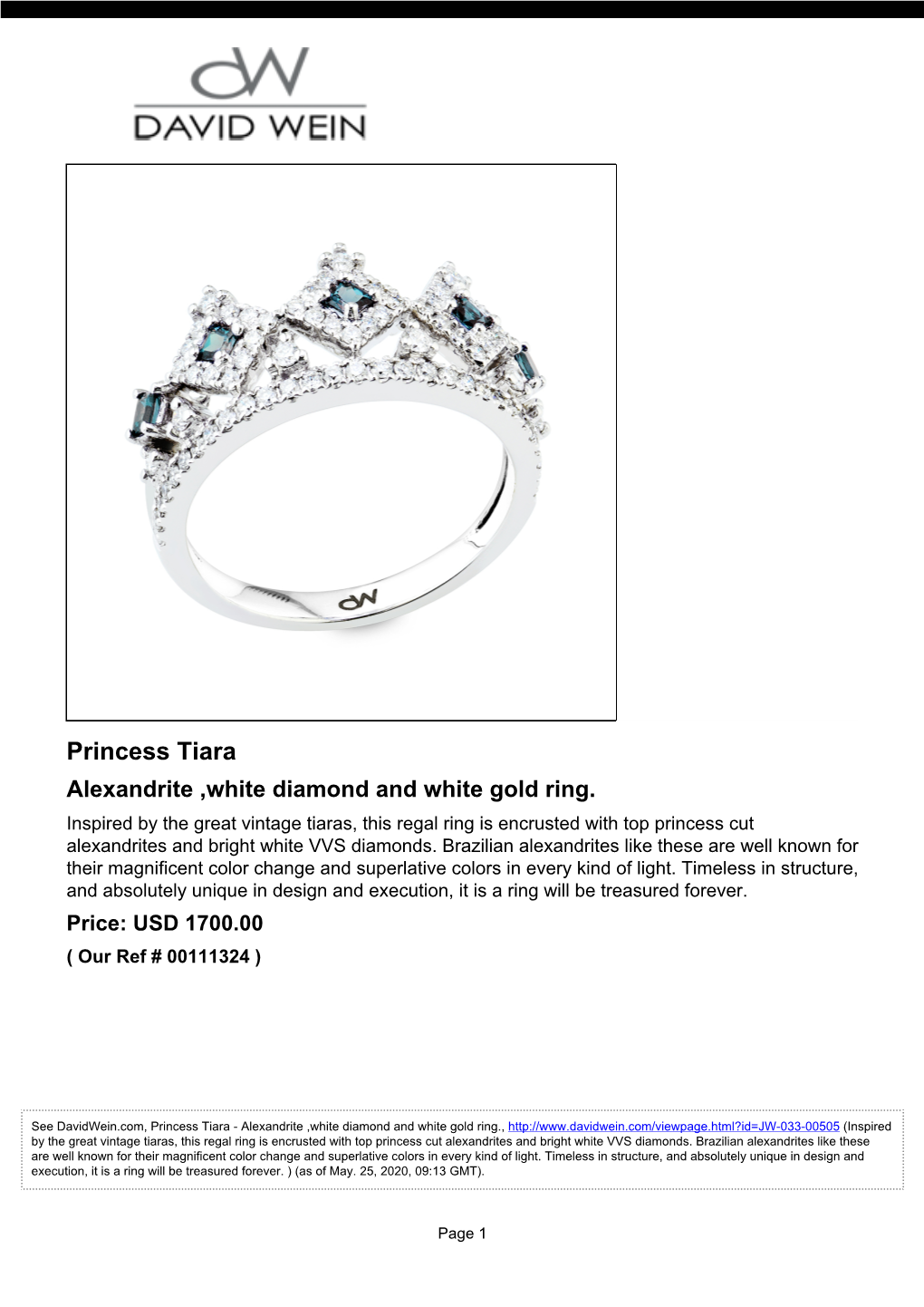 Princess Tiara Alexandrite ,White Diamond and White Gold Ring