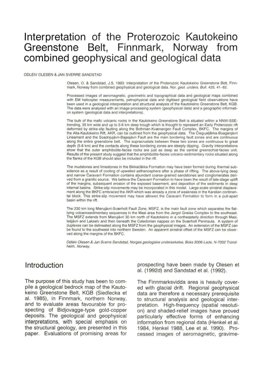 Interpretation of the Proterozoic Kautokeino Greenstone Belt, Finnmark, Norway from Combined Geophysical and Geological Data