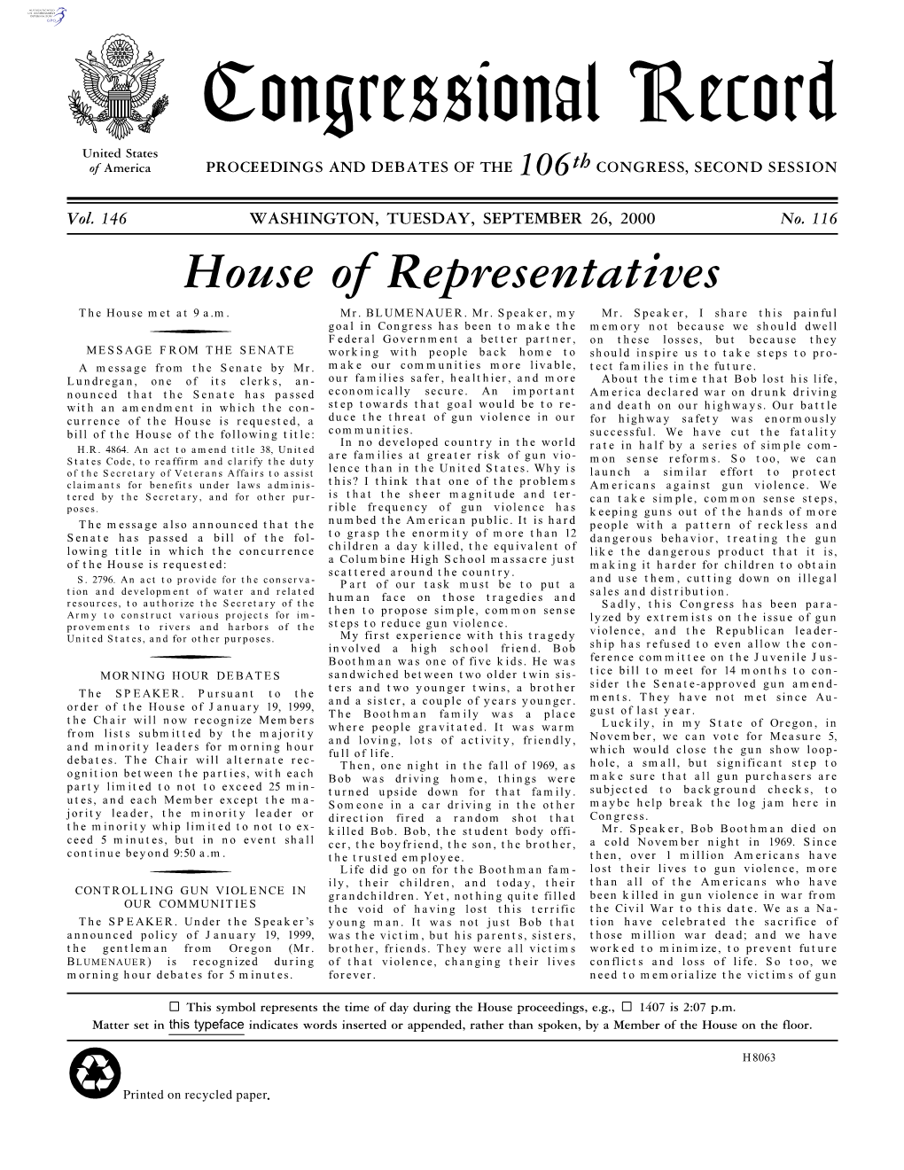 Congressional Record United States of America PROCEEDINGS and DEBATES of the 106Th CONGRESS, SECOND SESSION