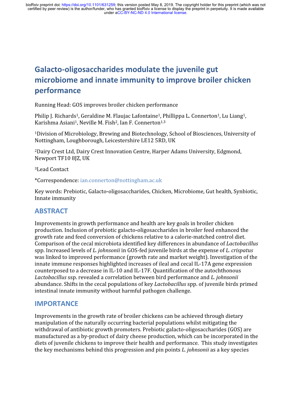 Galacto-Oligosaccharides Modulate the Juvenile Gut Microbiome and Innate Immunity to Improve Broiler Chicken Performance