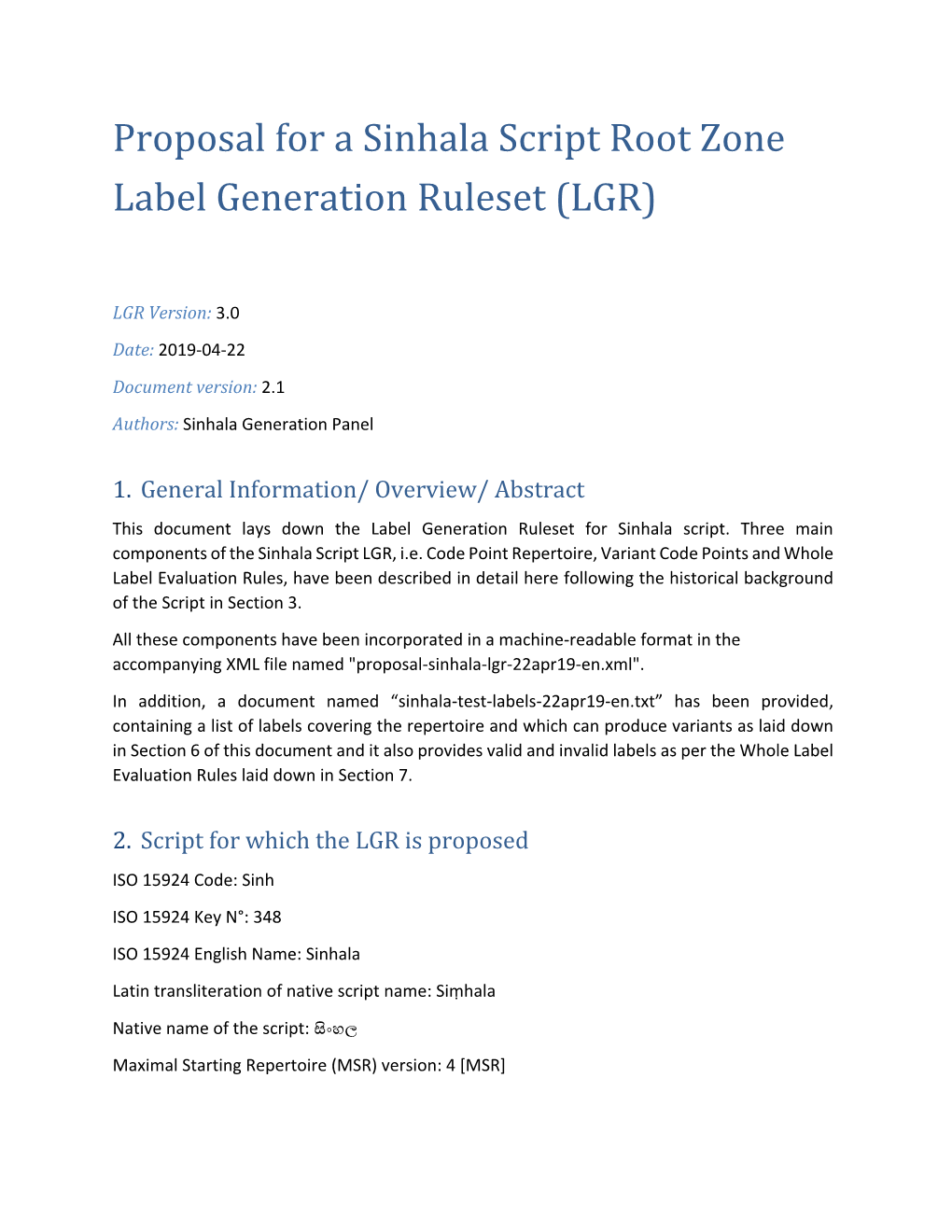 Proposal for a Sinhala Script Root Zone Label Generation Ruleset (LGR)