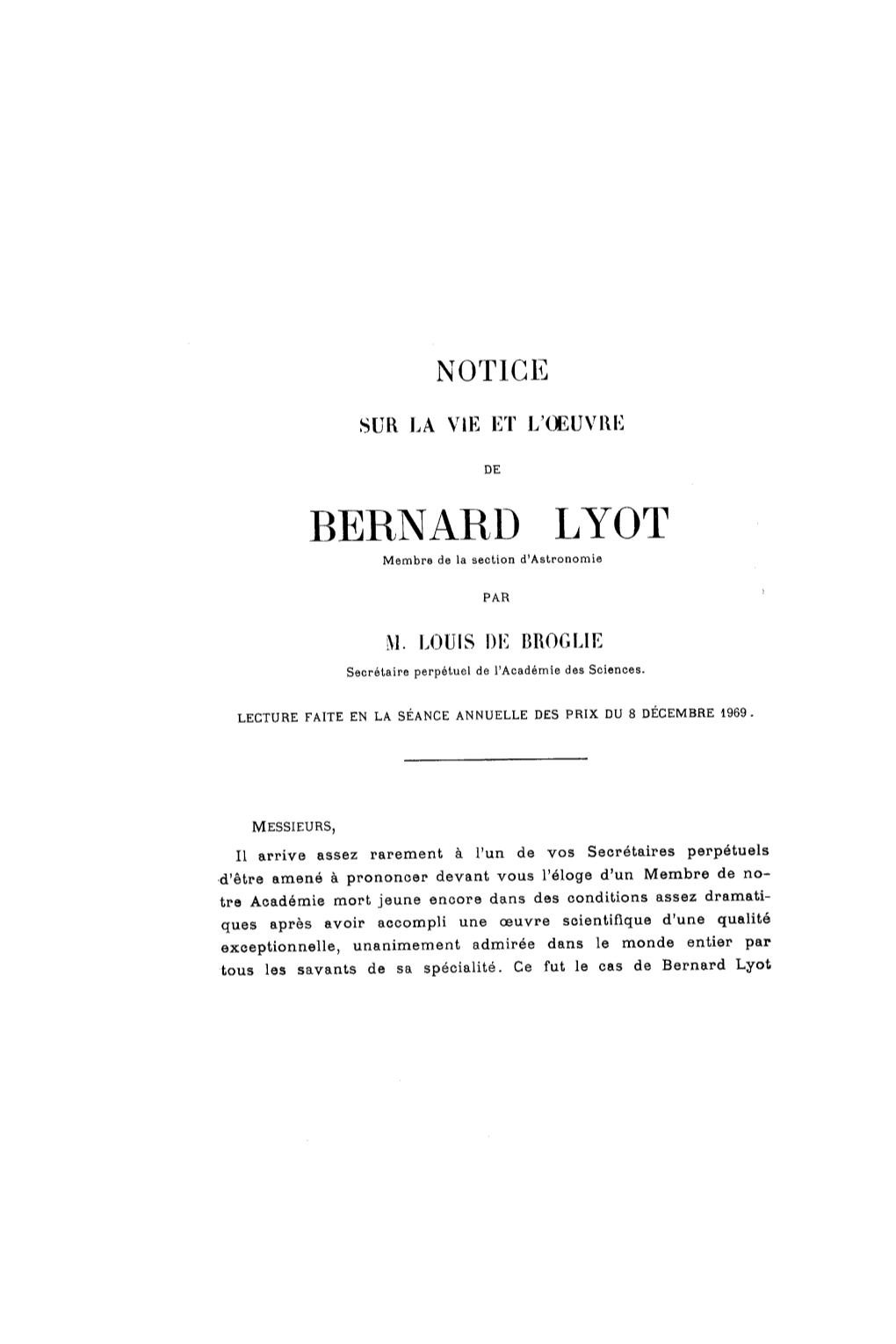 Notice Sur La Vie Et L'oeuvre De Bernard Lyot