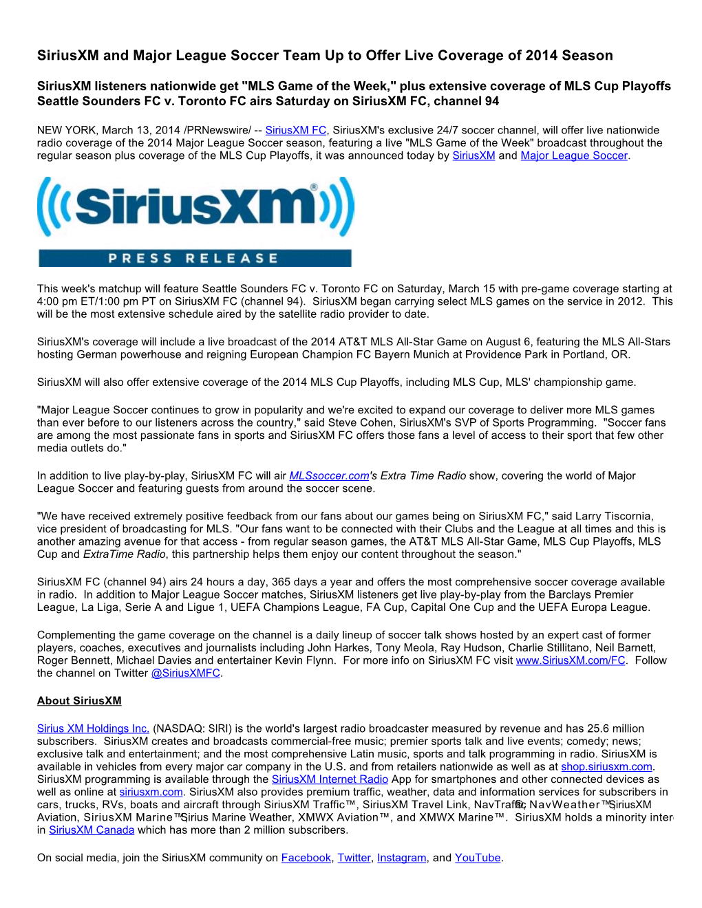 Siriusxm and Major League Soccer Team up to Offer Live Coverage of 2014 Season