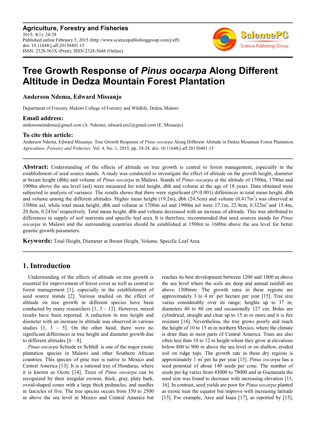 Tree Growth Response of Pinus Oocarpa Along Different Altitude in Dedza Mountain Forest Plantation