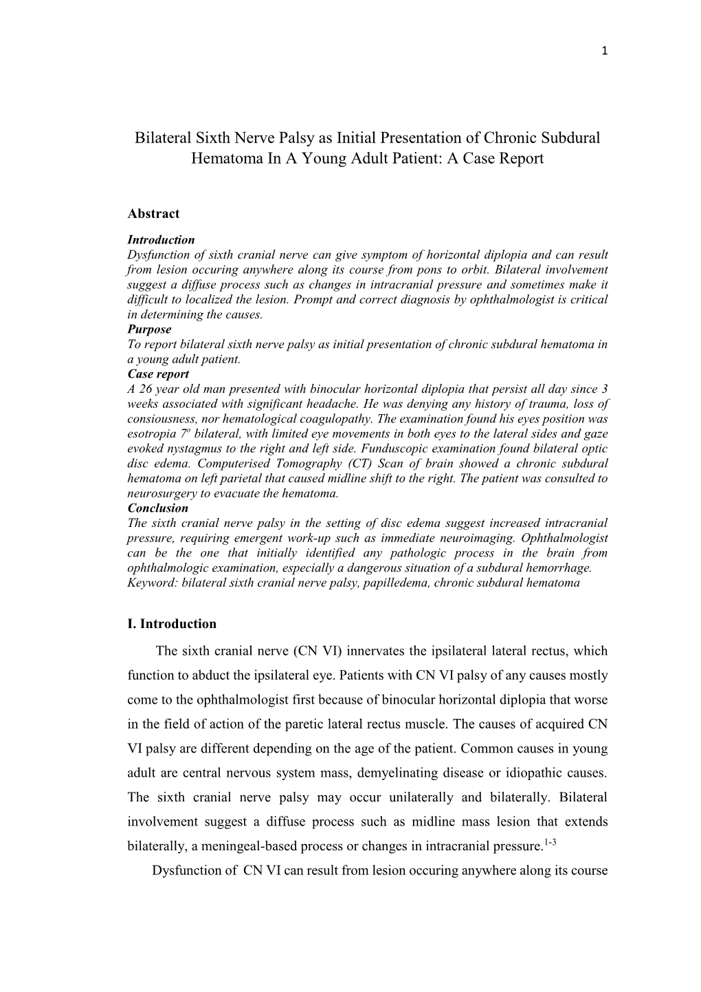 Bilateral Sixth Nerve Palsy As Initial Presentation of Chronic Subdural Hematoma in a Young Adult Patient: a Case Report