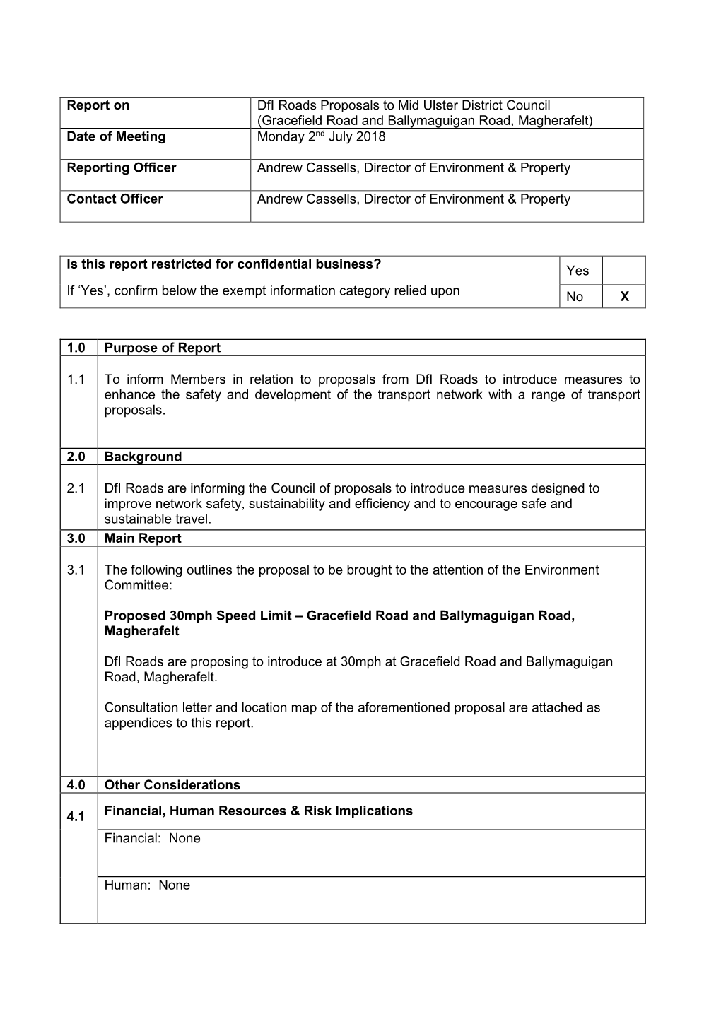 Report on Dfi Roads Proposals to Mid Ulster District Council (Gracefield Road and Ballymaguigan Road, Magherafelt) Date of Meeting Monday 2Nd July 2018