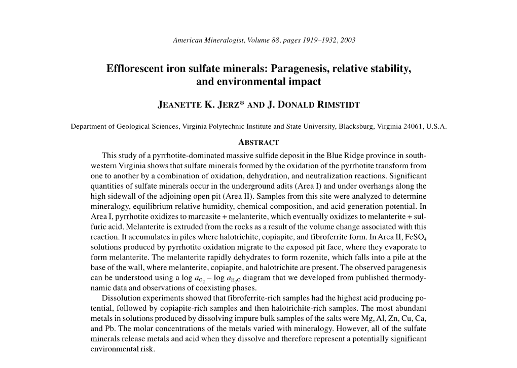 Efflorescent Iron Sulfate Minerals: Paragenesis, Relative Stability, and Environmental Impact