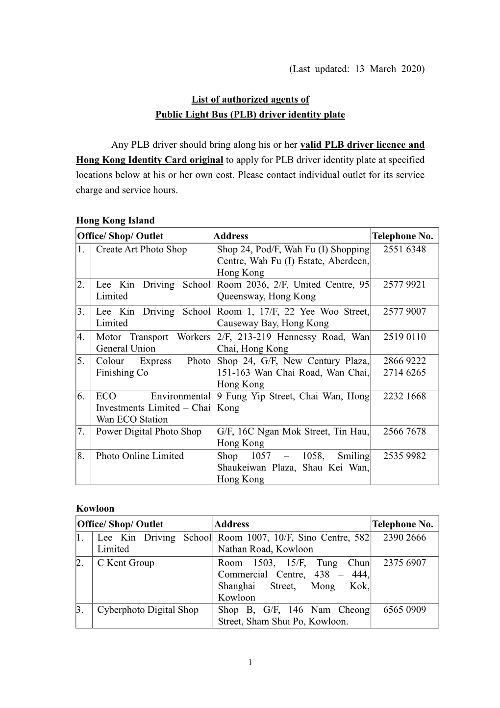 (Last Updated: 13 March 2020) List of Authorized Agents of Public Light Bus (PLB) Driver Identity Plate Any PLB Driver Should Br