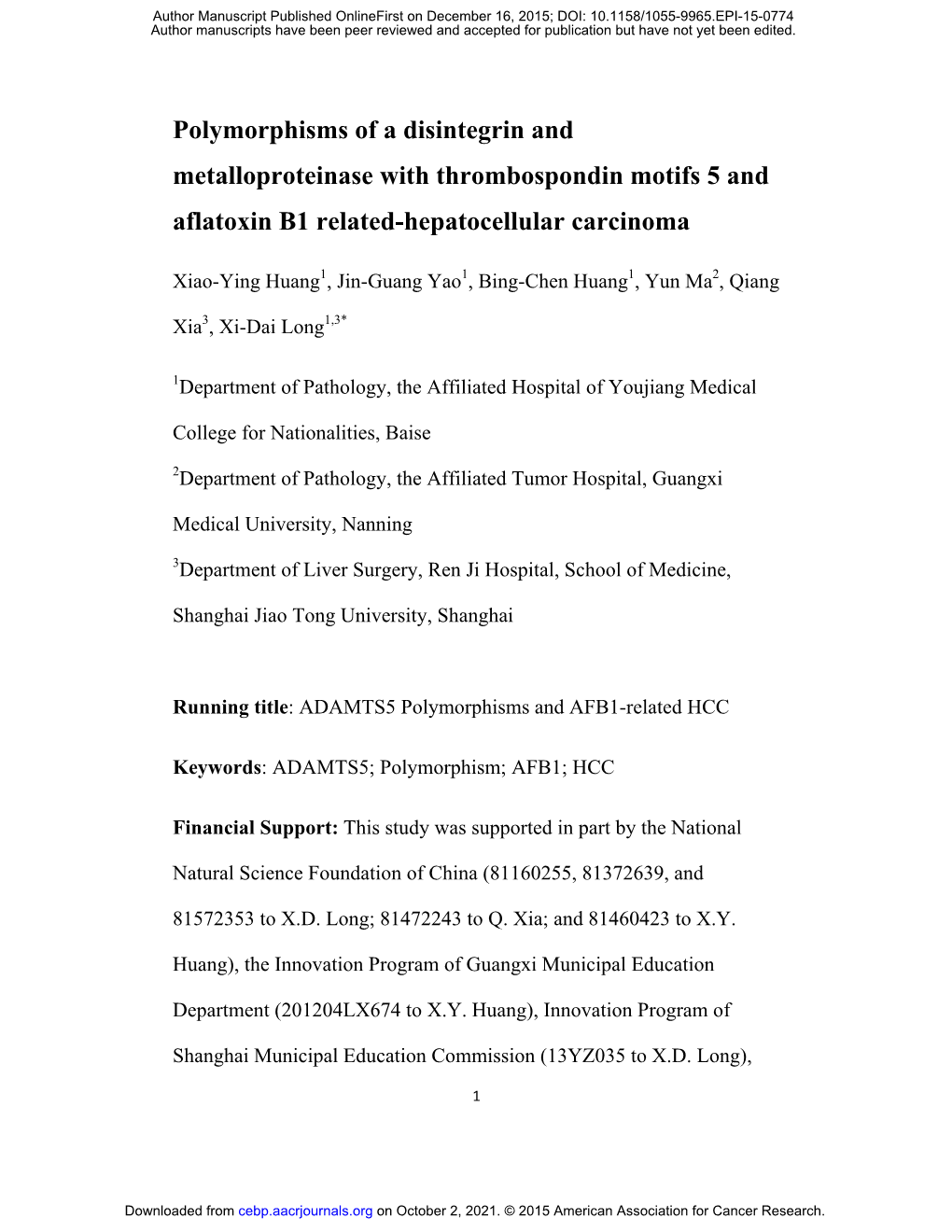 Polymorphisms of a Disintegrin and Metalloproteinase with Thrombospondin Motifs 5 and Aflatoxin B1 Related-Hepatocellular Carcinoma