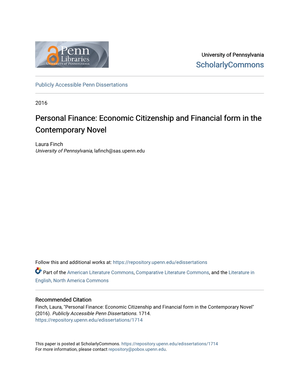 Personal Finance: Economic Citizenship and Financial Form in the Contemporary Novel