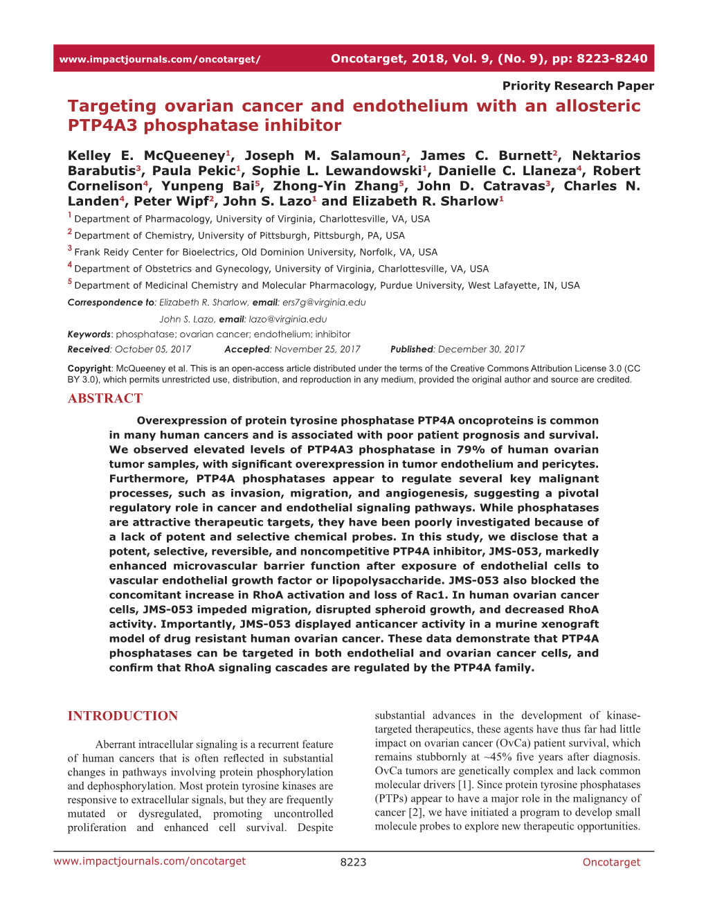 Targeting Ovarian Cancer and Endothelium with an Allosteric PTP4A3 Phosphatase Inhibitor