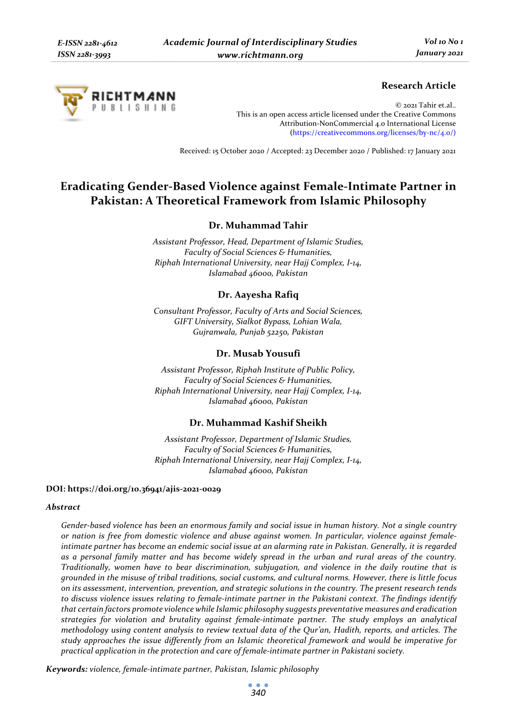 Eradicating Gender-Based Violence Against Female-Intimate Partner in Pakistan: a Theoretical Framework from Islamic Philosophy