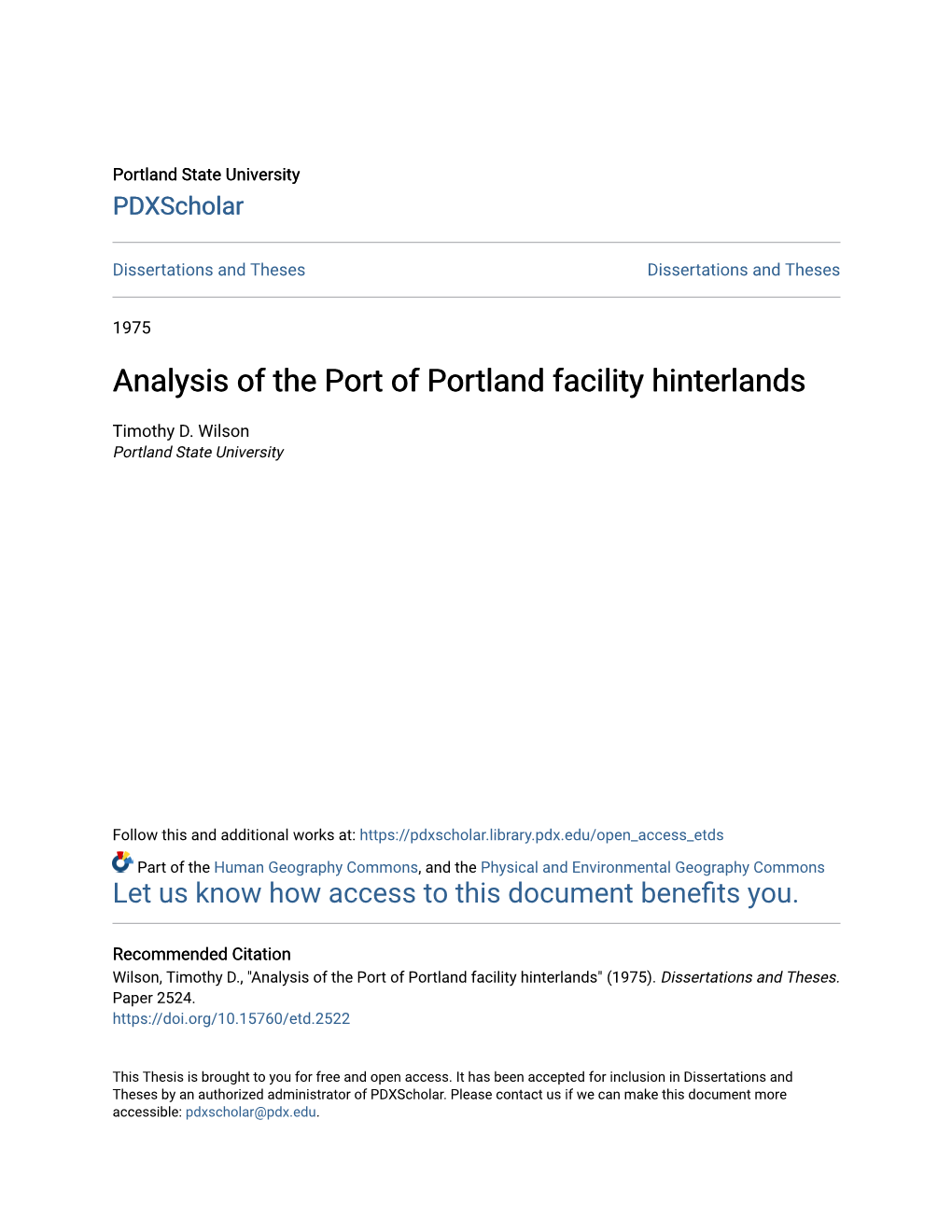 Analysis of the Port of Portland Facility Hinterlands